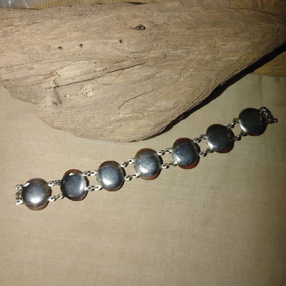 Silvertone Carnelian Agate looking Amber Link Bracelet Oval Cabochons Vintage - Picture 5 of 12